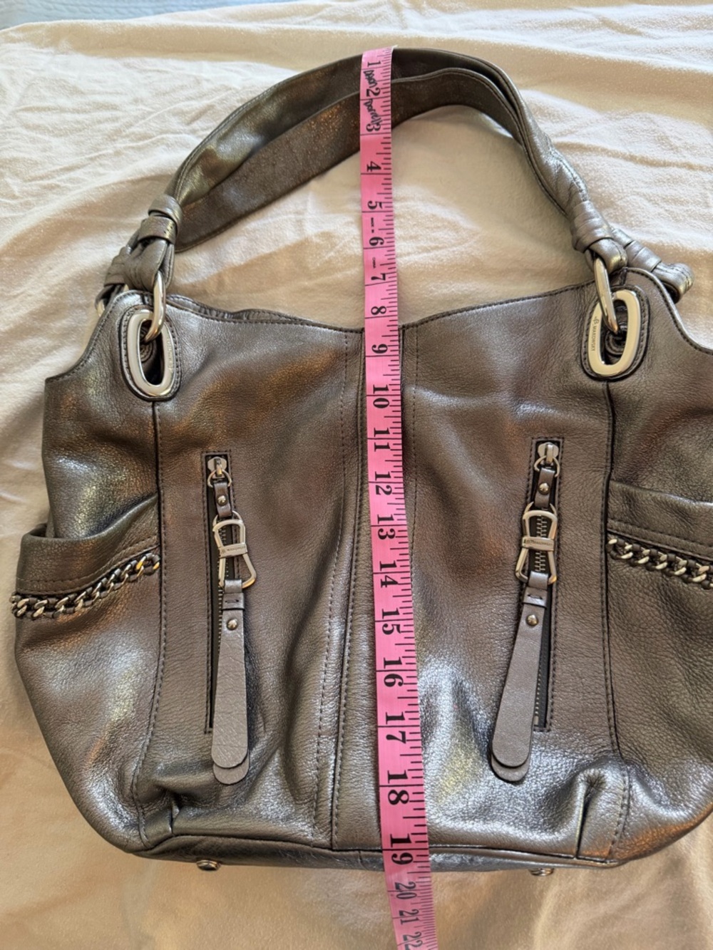 b. makowsky Metallic Gray Leather Shoulder Satchel - Picture 8 of 10